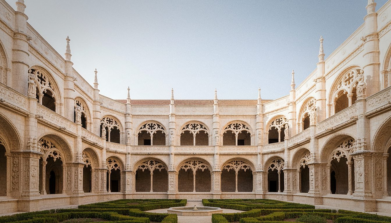 Il chiostro su due piani del Monastero dos Jerónimos con le arcate in pietra scolpita